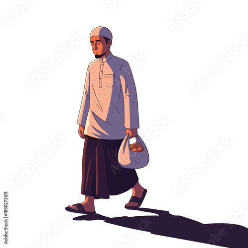 Thoughtful Muslim man in traditional attire walking with fresh produce, casting a long shadow, illustrating daily routine, cultural identity, and humble living
