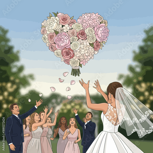 Joyful wedding party celebrating with heart shaped bouquet outdoors