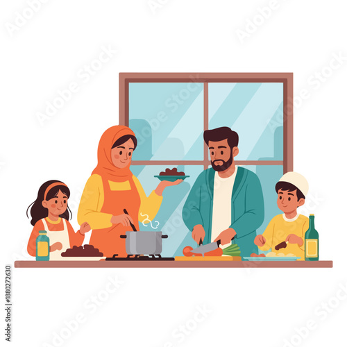 A loving Muslim family of four is joyfully preparing a delicious meal together in their bright and cozy kitchen, celebrating togetherness and cultural traditions