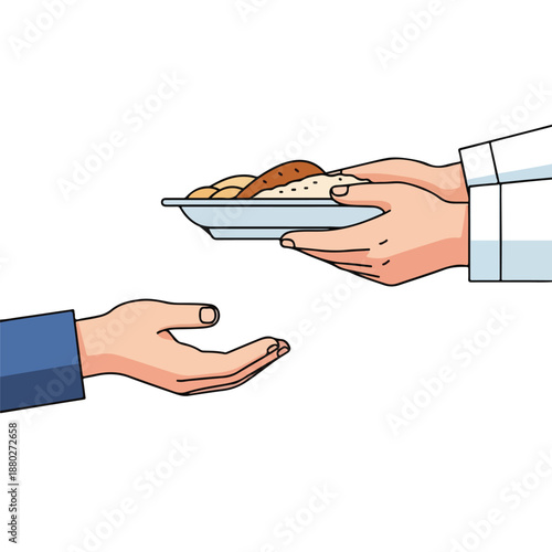 Serving a plate of food to a recipient's outstretched hand, illustrating acts of generosity and shared meals