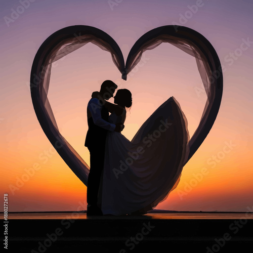 Romantic couple embracing in heart shaped silhouette at sunset