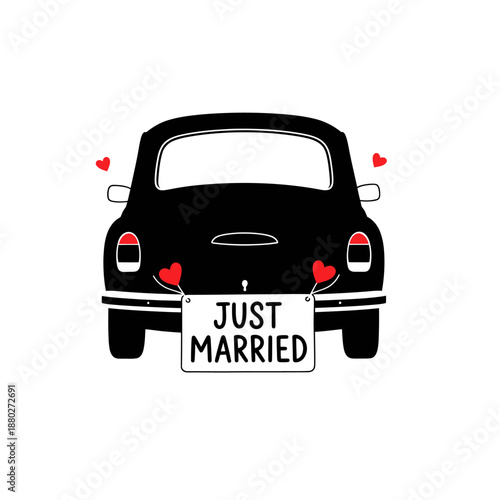Just married couple's vintage car with heart decorations