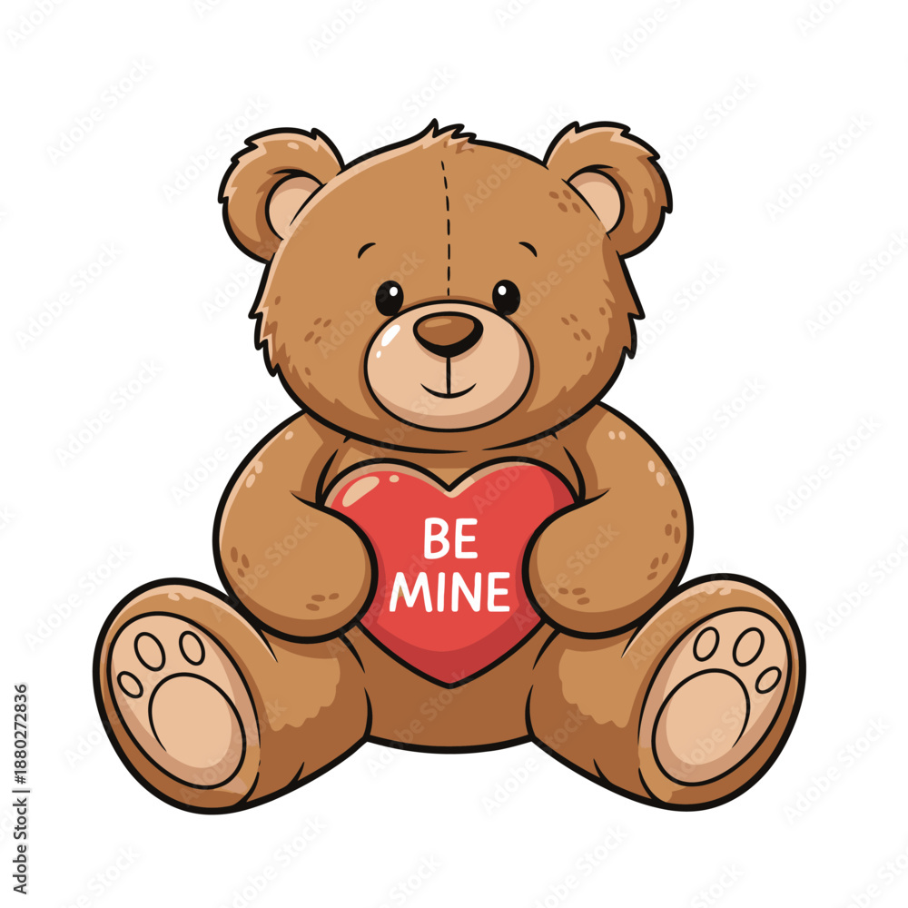 Obraz premium Cute teddy bear holding red heart with Be Mine message