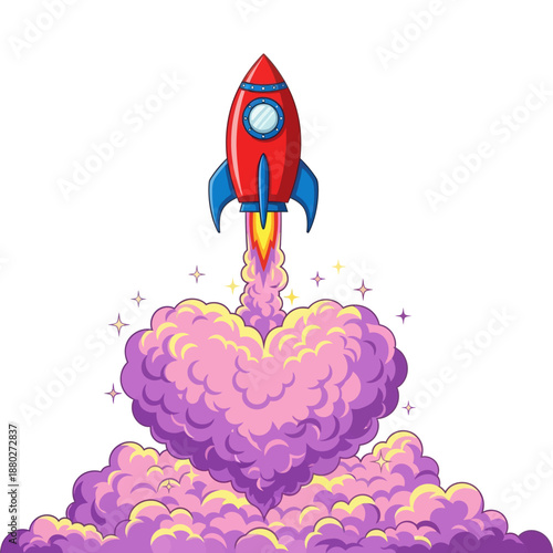 Vibrant cartoon rocket launching into space with purple smoke