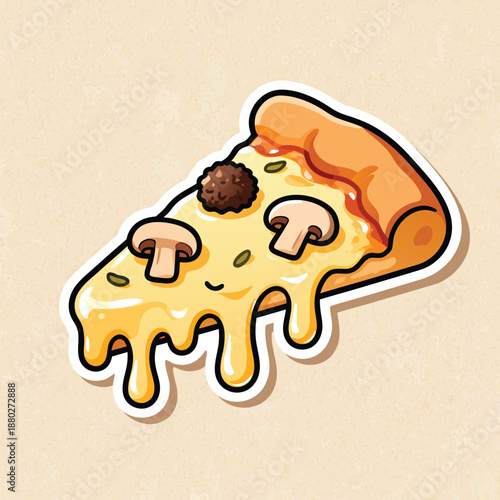 Delicious pizza slice with melting cheese and mushroom toppings.