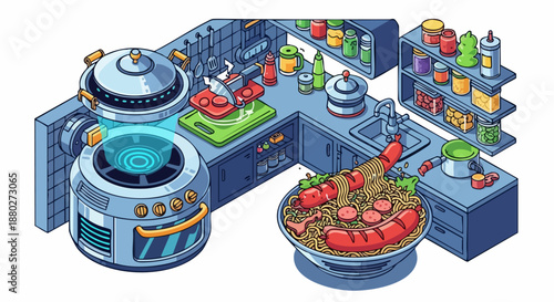 Futuristic Isometric Kitchen Scene with Cooking Station and Pasta Dish.