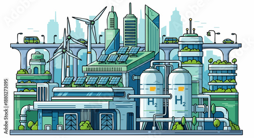 Sustainable Cityscape with Renewable Energy and Hydrogen Technology.