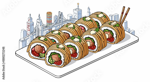 Artistic sushi rolls with fresh ingredients on a white plate.