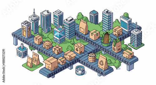 Isometric view of a modern city with a production line.