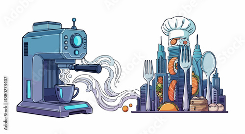 Coffee machine and chef representing culinary experience in the city.