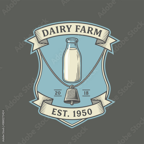 Dairy Farm Emblem with Milk Bottle and Bell.