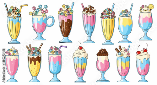 Colorful Assortment of Delicious Milkshakes and Desserts.