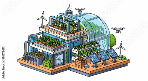 Isometric Smart Vertical Farm with Renewable Energy and Drones.