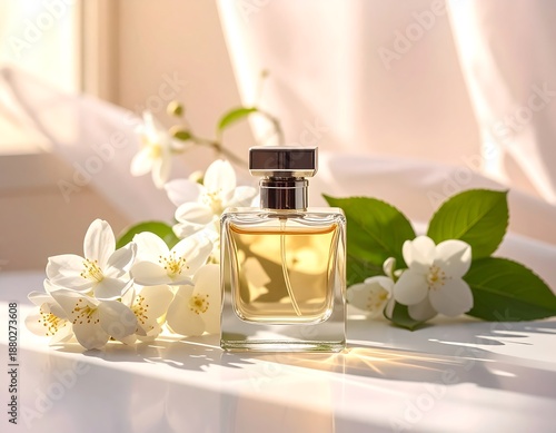 Square perfume bottle with gold liquid surrounded by jasmine flowers, on a bright, reflective surface near a window