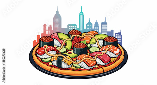 Creative Sushi Pizza Fusion Dish with Assorted Japanese Delicacies.