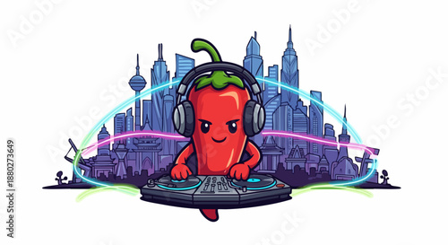 Cute cartoon chili pepper DJ character wearing headphones mixing music.
