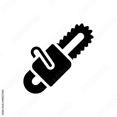 A black and white vector graphic of a chainsaw wrapped with a padlock, symbolizing security and protection in a minimalist flat design style.