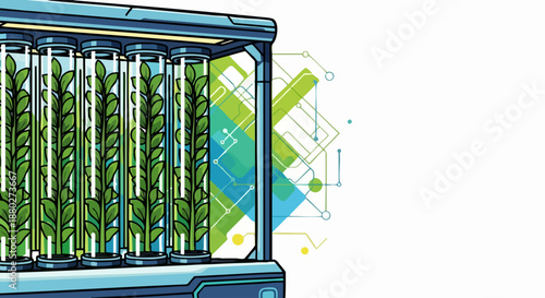 Vertical farming system with plants growing in tubes.