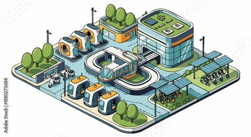 Futuristic eco-friendly city with sustainable transport and green buildings.