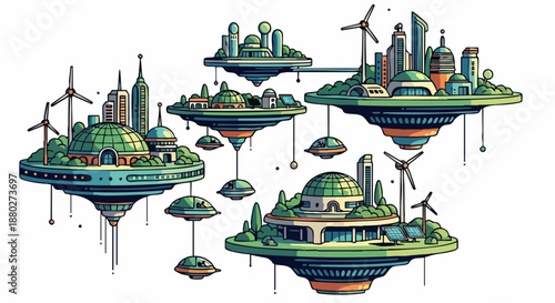 Futuristic Floating Cities with Wind Turbines and Greenery.