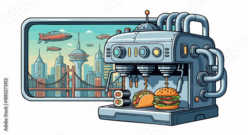 Industrial Style Automated Food Dispenser Machine Serving Diverse Meals.