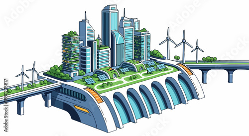 Futuristic Sustainable City with Green Architecture and Renewable Energy.