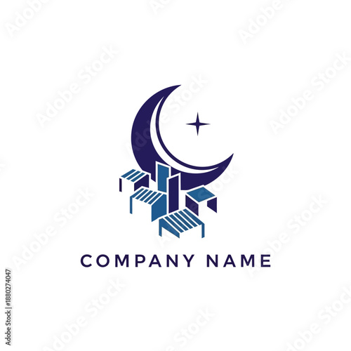 Crescent Moon and City Buildings Logo.