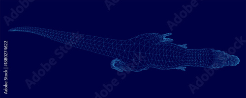 A 3D wireframe model of a T-Rex dinosaur skeleton, shown from a top view, is displayed on a solid blue background with a detailed structure of interconnected lines and geometric shapes.