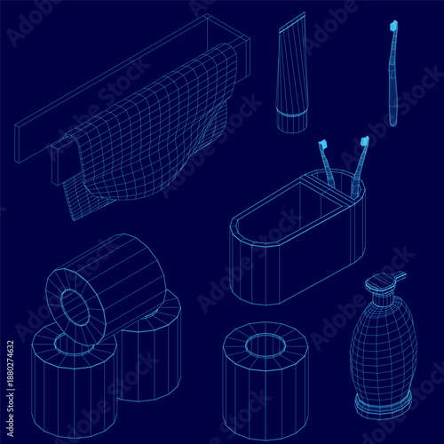 A 3D wireframe model of a bathroom set, featuring a toilet paper roll, toothbrush holder, soap dispenser, and towel rack. Isometric view