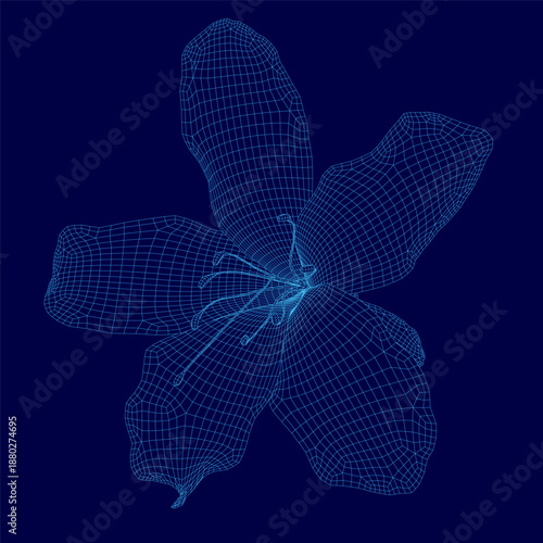 A detailed 3D wireframe model of a rhododendron flower, composed of intricate geometric lines and shapes on a solid blue background.