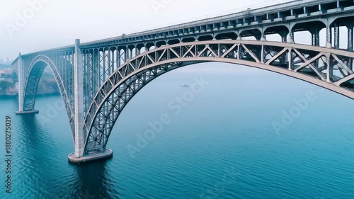 A stunning view of a large arch bridge over calm waters.