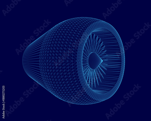 A detailed 3D wireframe model of a jet engine turbine, revealing its complex internal structure against a solid blue background.