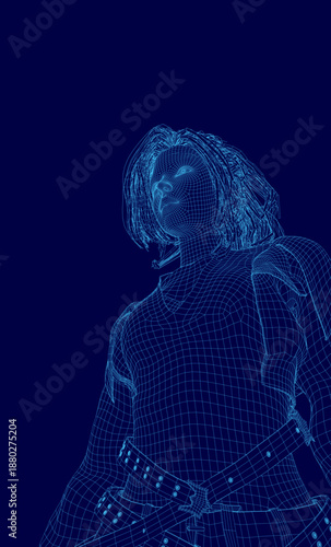 A fashionable girl in a blue dress and heels wields a sword against a dark blue background, featuring an elaborate hairstyle.