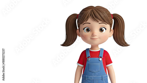 3D Render of a Young Girl with Ponytails and Overalls