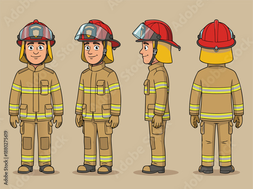 Firefighter uniform character design front back and side views.