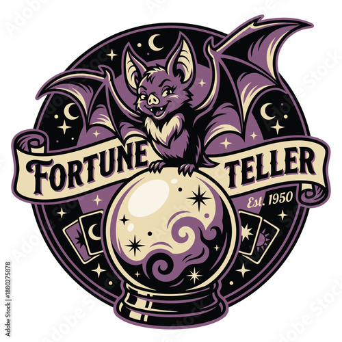 Fortune Teller Bat Sitting On Crystal Ball With Cards.