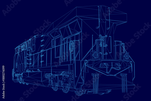 Blueprint wireframe of a train engine on a solid blue background, displaying the locomotive's detailed mechanical structure and components.