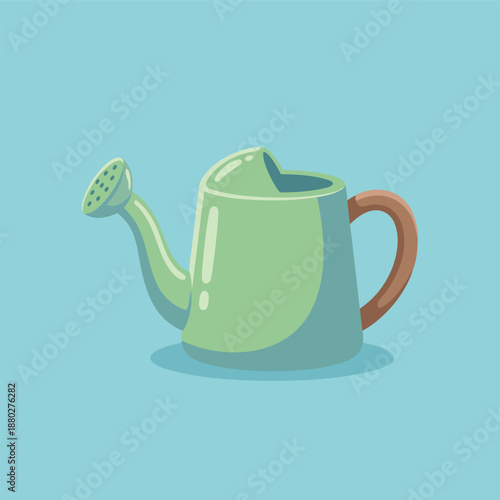 Green watering can with a brown handle on a blue background.