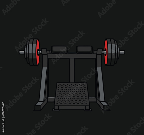 Gym equipment hack squat machine with barbell.