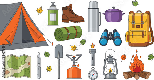 Camping and hiking equipment collection set outdoor travel adventure gear flat vector illustration isolated