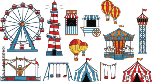 Amusement park carnival attractions set including ferris wheel carousel tents balloons flat vector illustration isolatedAmusement park carnival