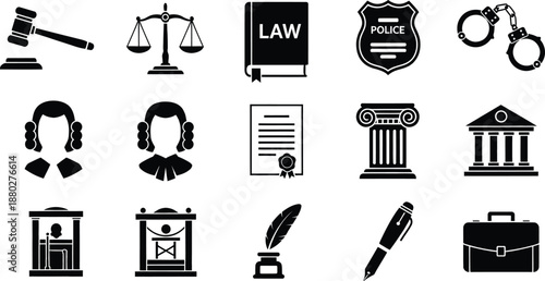 A comprehensive set of black silhouette icons representing law, justice, and legal system elements.