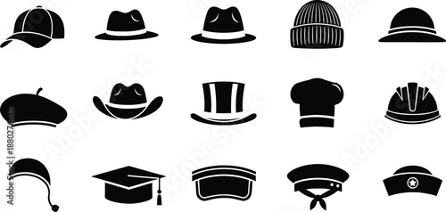 A diverse collection of various hats and headwear silhouettes in a black and white icon set