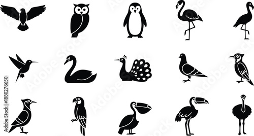 A collection of diverse bird species icons in simple black silhouettes