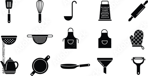 A comprehensive collection of kitchen utensil icons in black and white silhouette format
