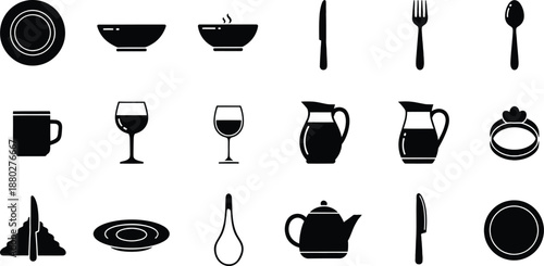 A comprehensive set of minimalist silhouette icons representing various kitchenware and tableware items