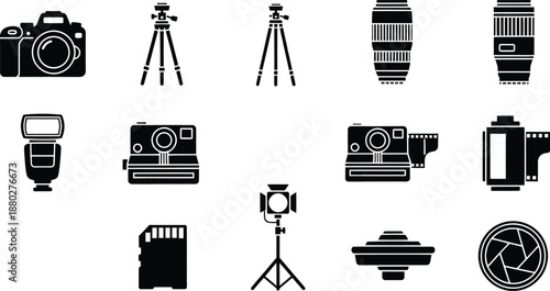 A set of silhouette icons illustrating various photography equipment and accessories