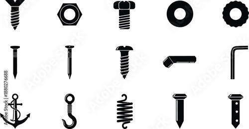 A collection of black silhouette icons representing various hardware fasteners, tools, and construction parts
