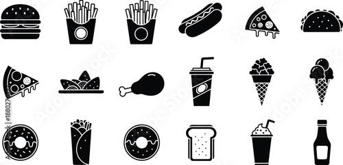 A diverse collection of fast food and snack icons presented in a clean black silhouette style