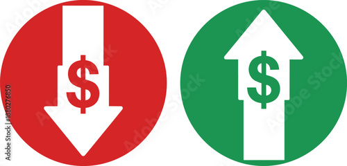 Financial loss icon, profit growth symbol, red dollar down arrow, green dollar up arrow, economic trend illustration, currency market vector design